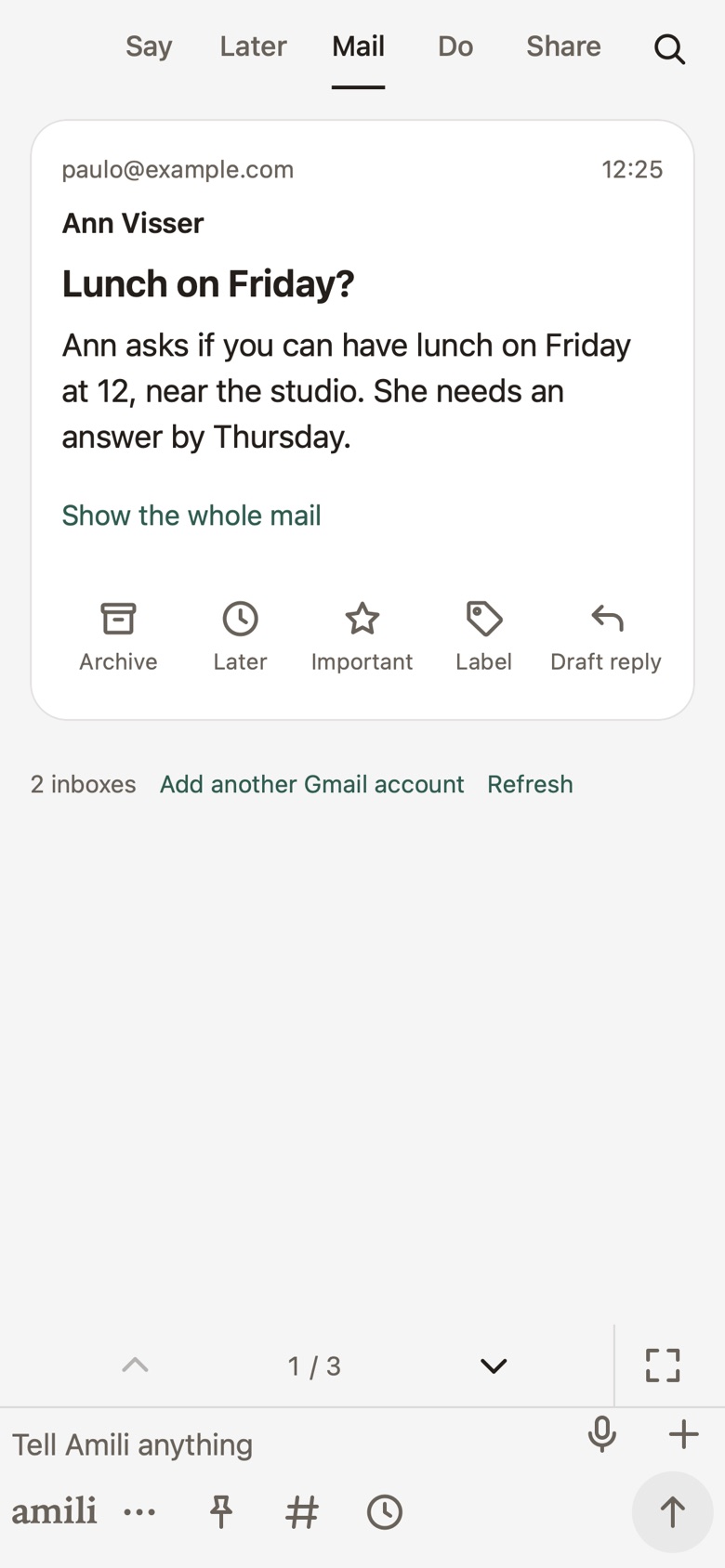 The Mail tab in the Amili app on a phone: one mail from Ann Visser, subject Lunch on Friday, a two-sentence summary, and buttons for Archive, Later, Important, Label and Draft reply. The counter reads 1 of 3.